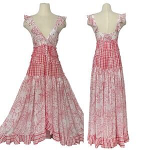 Rococo Sand Tiered Ruffle Maxi Dress Pink Gingham and Floral S NWT